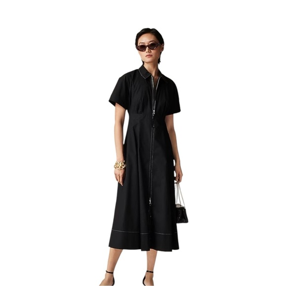 J Crew Black Zip Up Shirt Dress Short Sleeve Midi Women Size 6 Fit Flare Pockets - Picture 1 of 13
